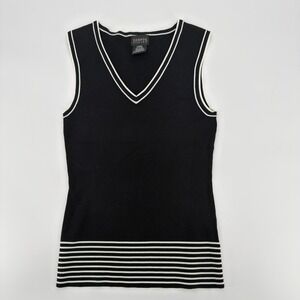 George Stretch Black White Striped V Neck Sleeveless Knit Top Womens L